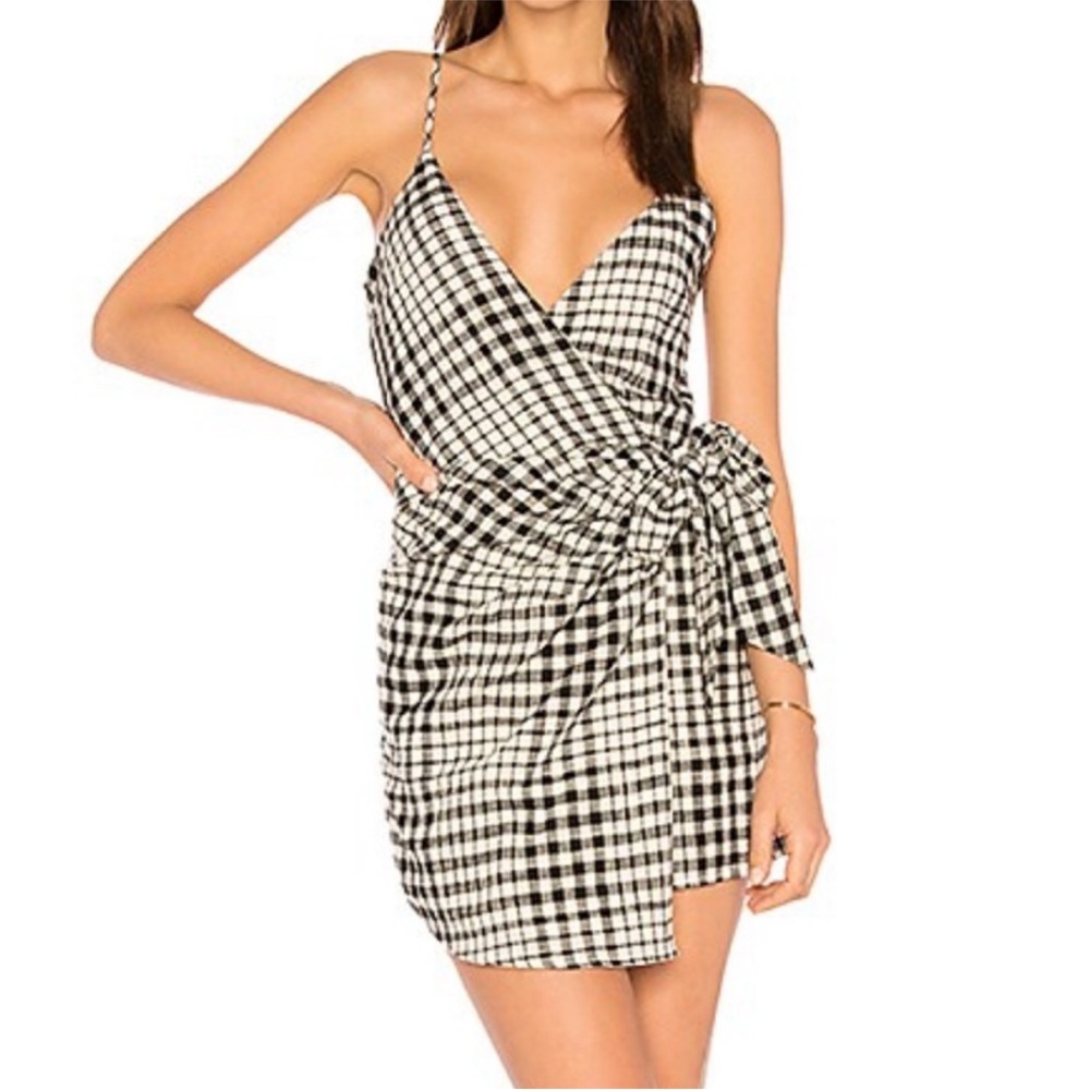 Free People NWT black white checker wrap dress front tie size 4